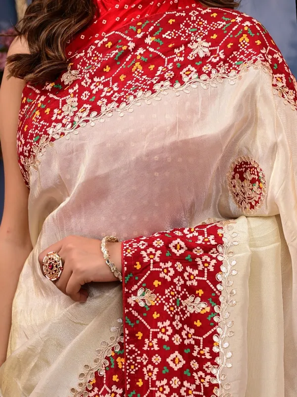 Patola_Silk_Saree_With_Cosmo_Tissue_Border_Bandhani_Patching_Gota_Patti_Work_Red