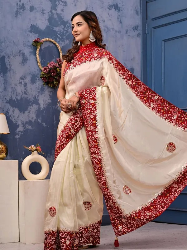 Patola_Silk_Saree_With_Cosmo_Tissue_Border_Bandhani_Patching_Gota_Patti_Work_Red