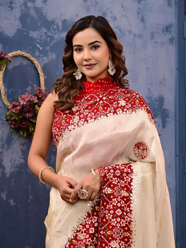 Patola_Silk_Saree_With_Cosmo_Tissue_Border_Bandhani_Patching_Gota_Patti_Work_Red