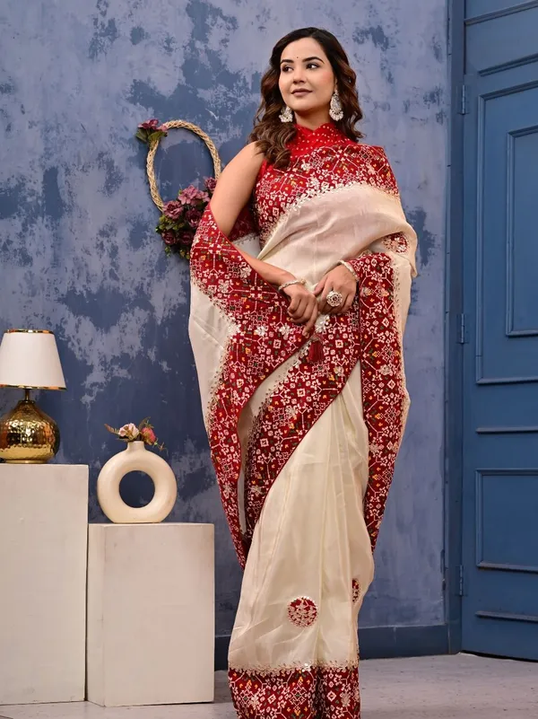 Patola_Silk_Saree_With_Cosmo_Tissue_Border_Bandhani_Patching_Gota_Patti_Work_Red