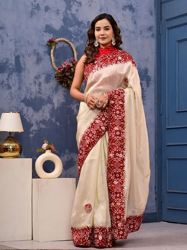Patola_Silk_Saree_With_Cosmo_Tissue_Border_Bandhani_Patching_Gota_Patti_Work_Red