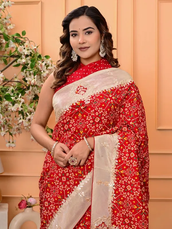 Red_Patola_Silk_Saree_With_Cosmo_Tissue_Border_Bandhani_Patch_Work_Gota_Patti_Festive_Wedding_Wear_Red