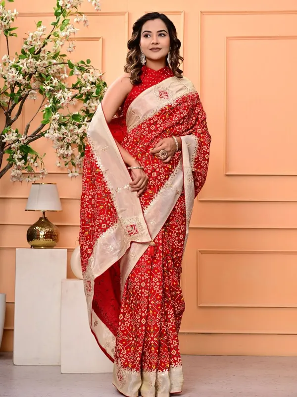 Red_Patola_Silk_Saree_With_Cosmo_Tissue_Border_Bandhani_Patch_Work_Gota_Patti_Festive_Wedding_Wear_Red
