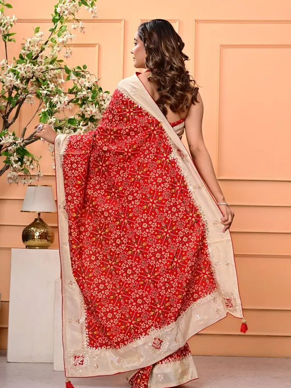 Red_Patola_Silk_Saree_With_Cosmo_Tissue_Border_Bandhani_Patch_Work_Gota_Patti_Festive_Wedding_Wear_Red