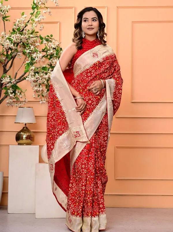 Red_Patola_Silk_Saree_With_Cosmo_Tissue_Border_Bandhani_Patch_Work_Gota_Patti_Festive_Wedding_Wear_Red