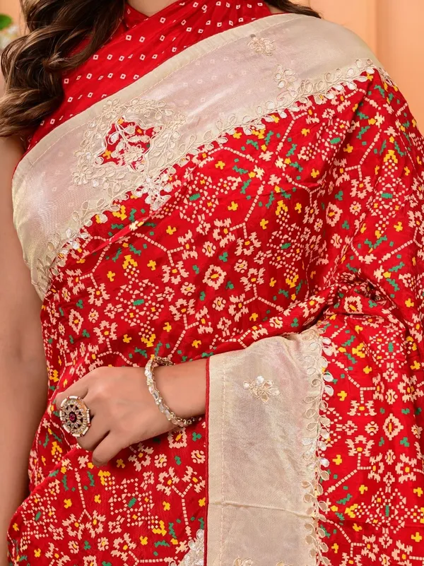 Red_Patola_Silk_Saree_With_Cosmo_Tissue_Border_Bandhani_Patch_Work_Gota_Patti_Festive_Wedding_Wear_Red