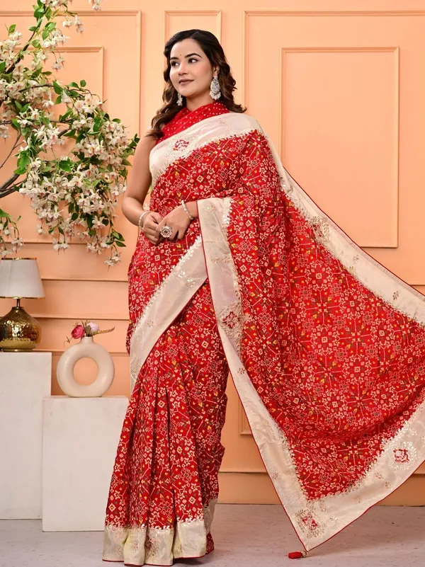 Red_Patola_Silk_Saree_With_Cosmo_Tissue_Border_Bandhani_Patch_Work_Gota_Patti_Festive_Wedding_Wear_Red