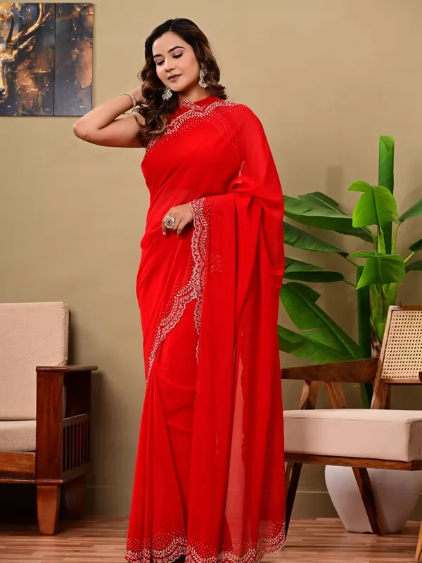 Elegant_Red_Georgette_Saree_With_All_Over_Siroski_Jaal_Work_Wedding_Festive_Wear_Red