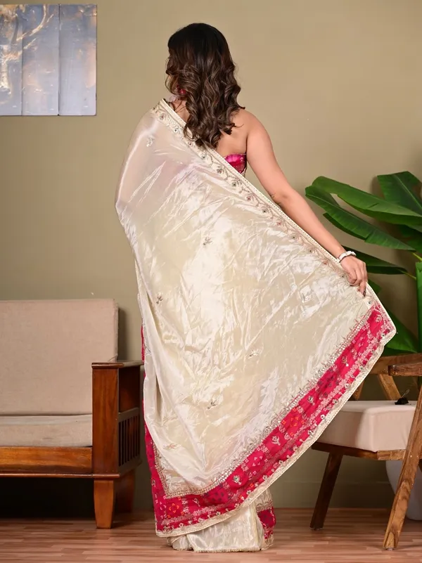 Royal_Ivory_Cosmos_Tissue_Saree_With_Pink_Ghadchola_Khaddi_Blouse_Designer_Wedding_Festive_Wear_Beige