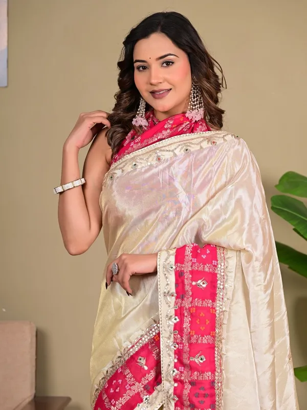 Royal_Ivory_Cosmos_Tissue_Saree_With_Pink_Ghadchola_Khaddi_Blouse_Designer_Wedding_Festive_Wear_Beige