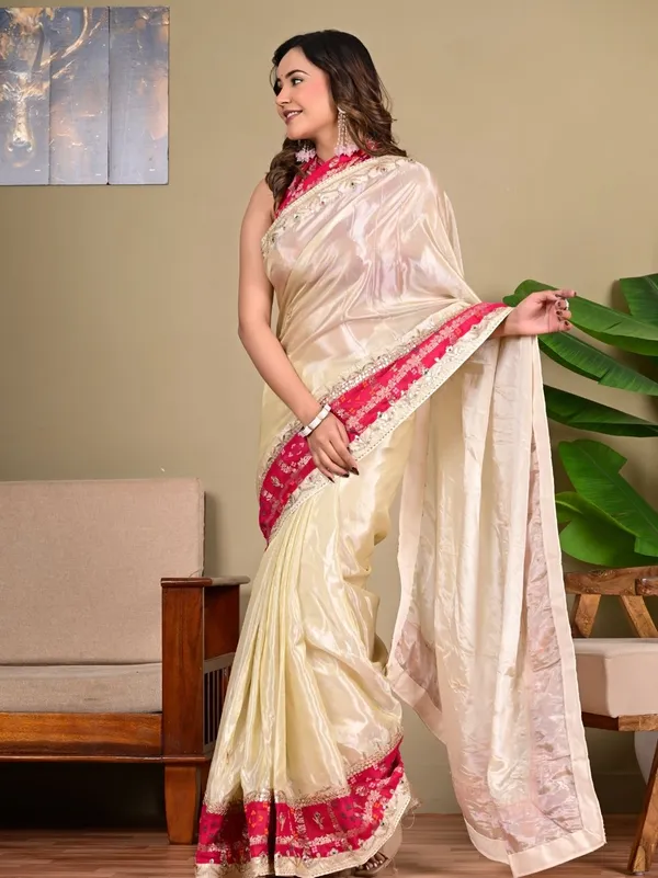 Royal_Ivory_Cosmos_Tissue_Saree_With_Pink_Ghadchola_Khaddi_Blouse_Designer_Wedding_Festive_Wear_Beige