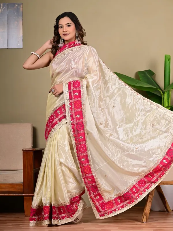 Royal_Ivory_Cosmos_Tissue_Saree_With_Pink_Ghadchola_Khaddi_Blouse_Designer_Wedding_Festive_Wear_Beige