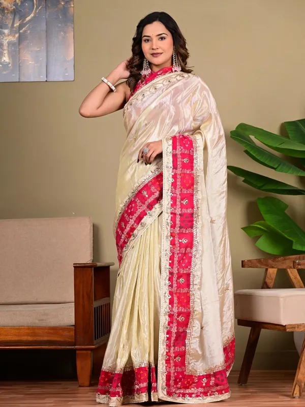 Royal_Ivory_Cosmos_Tissue_Saree_With_Pink_Ghadchola_Khaddi_Blouse_Designer_Wedding_Festive_Wear_Beige