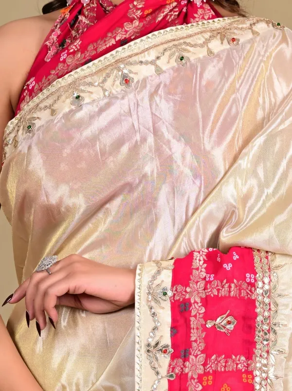 Royal_Ivory_Cosmos_Tissue_Saree_With_Pink_Ghadchola_Khaddi_Blouse_Designer_Wedding_Festive_Wear_Beige