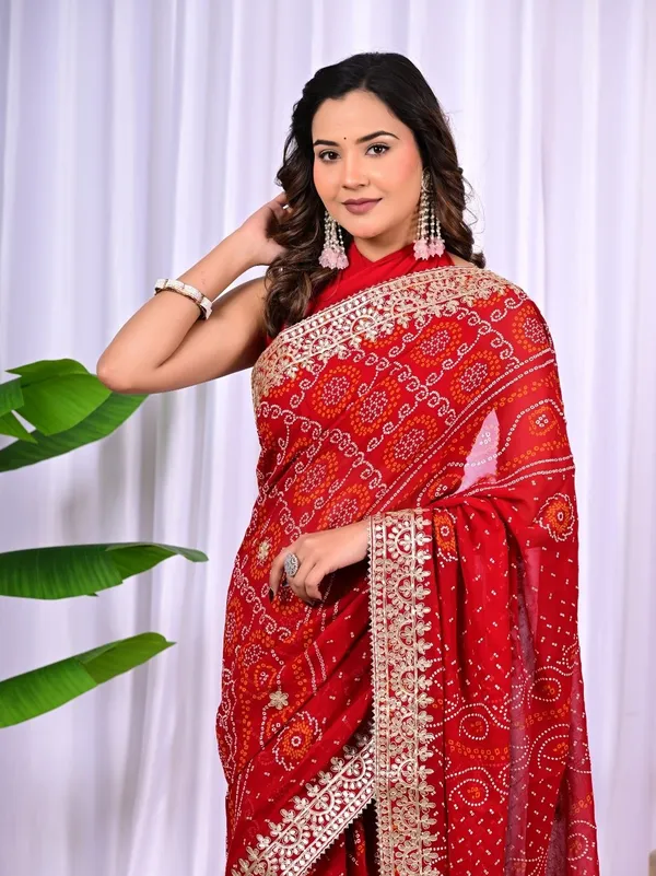 Bridal_Red_Viscose_Bandhani_Saree_With_Gota_Patti_Border_Traditional_Wedding_Festive_Wear_Red