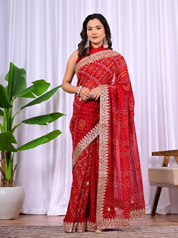 Bridal_Red_Viscose_Bandhani_Saree_With_Gota_Patti_Border_Traditional_Wedding_Festive_Wear_Red
