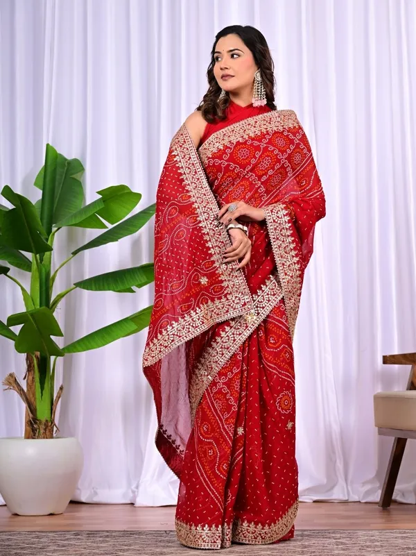 Bridal_Red_Viscose_Bandhani_Saree_With_Gota_Patti_Border_Traditional_Wedding_Festive_Wear_Red