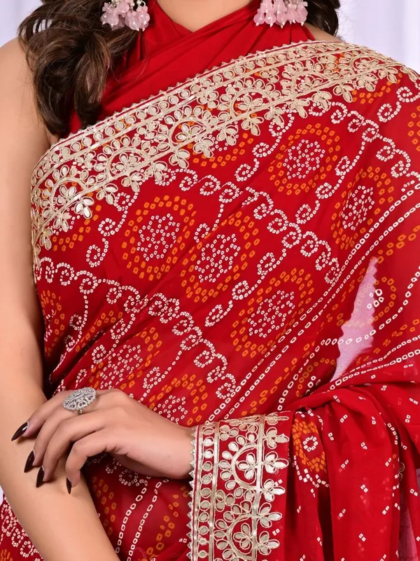 Bridal_Red_Viscose_Bandhani_Saree_With_Gota_Patti_Border_Traditional_Wedding_Festive_Wear_Red