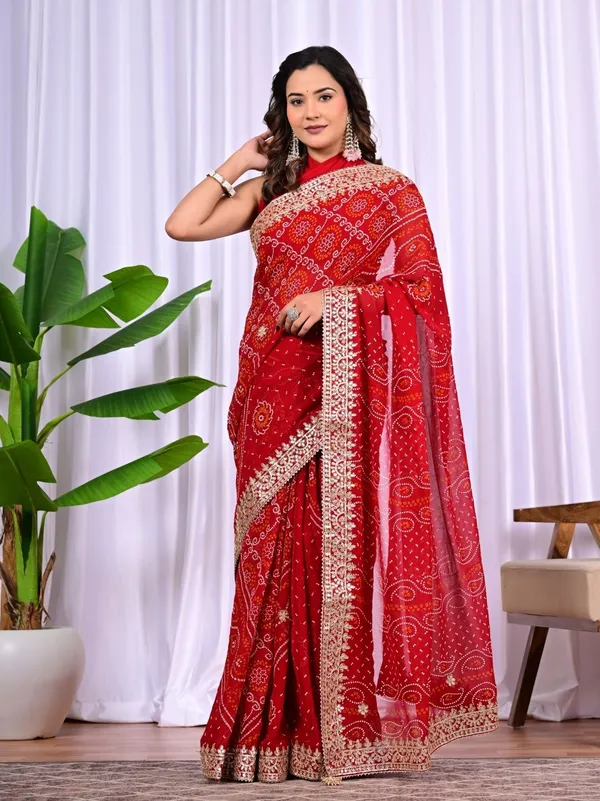 Bridal_Red_Viscose_Bandhani_Saree_With_Gota_Patti_Border_Traditional_Wedding_Festive_Wear_Red