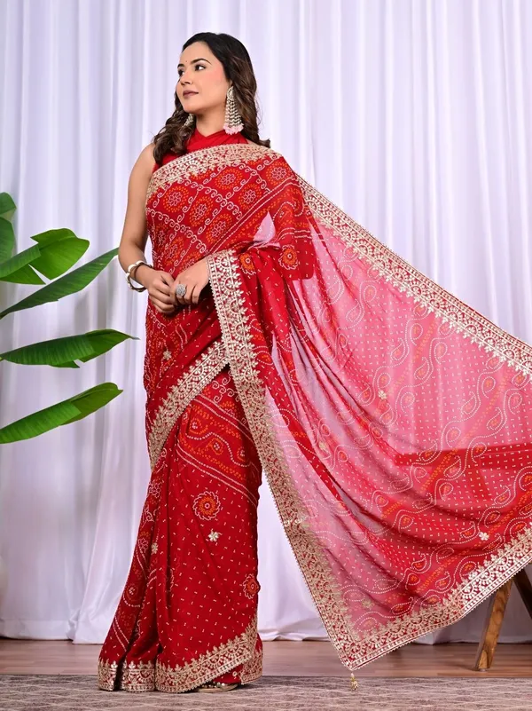 Bridal_Red_Viscose_Bandhani_Saree_With_Gota_Patti_Border_Traditional_Wedding_Festive_Wear_Red