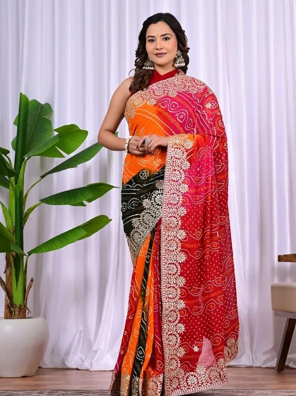 Multi_Colour_Viscose_Bandhej_Saree_With_Gota_Patti_Work_Traditional_Festive_Wedding_Wear_Saree_Red