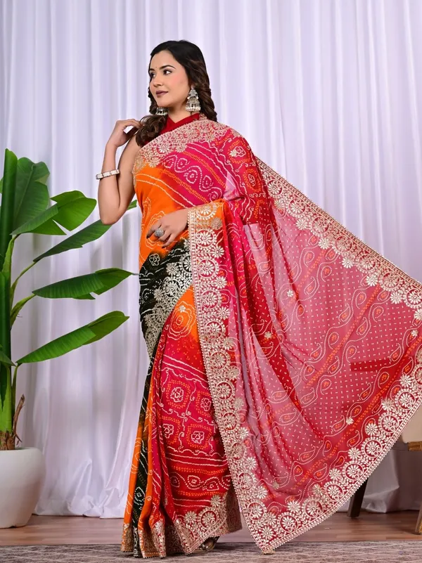 Multi_Colour_Viscose_Bandhej_Saree_With_Gota_Patti_Work_Traditional_Festive_Wedding_Wear_Saree_Red