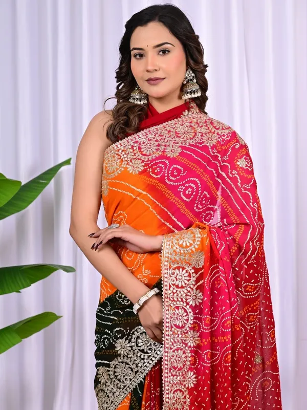 Multi_Colour_Viscose_Bandhej_Saree_With_Gota_Patti_Work_Traditional_Festive_Wedding_Wear_Saree_Red