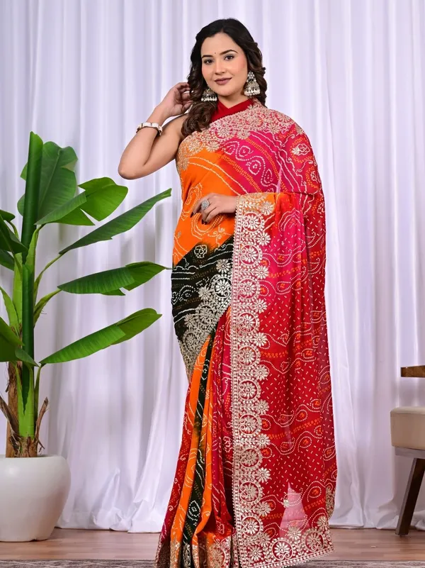 Multi_Colour_Viscose_Bandhej_Saree_With_Gota_Patti_Work_Traditional_Festive_Wedding_Wear_Saree_Red