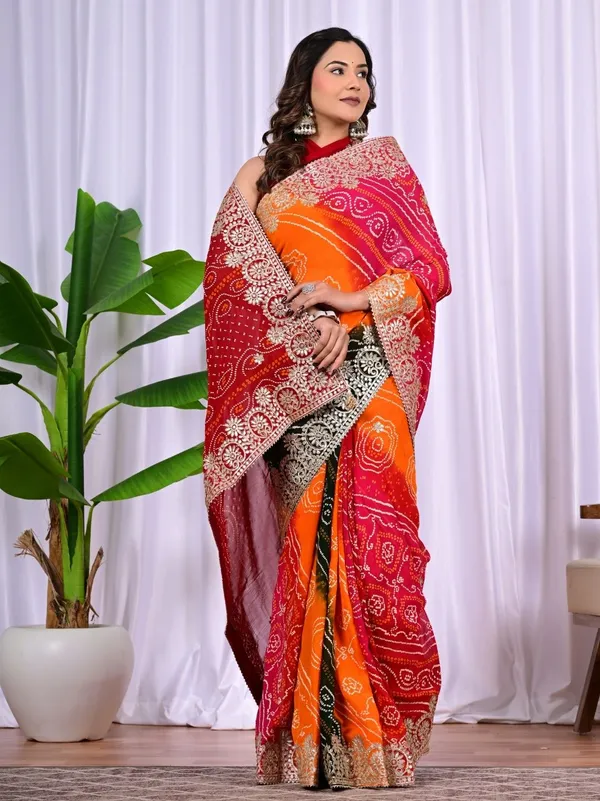 Multi_Colour_Viscose_Bandhej_Saree_With_Gota_Patti_Work_Traditional_Festive_Wedding_Wear_Saree_Red