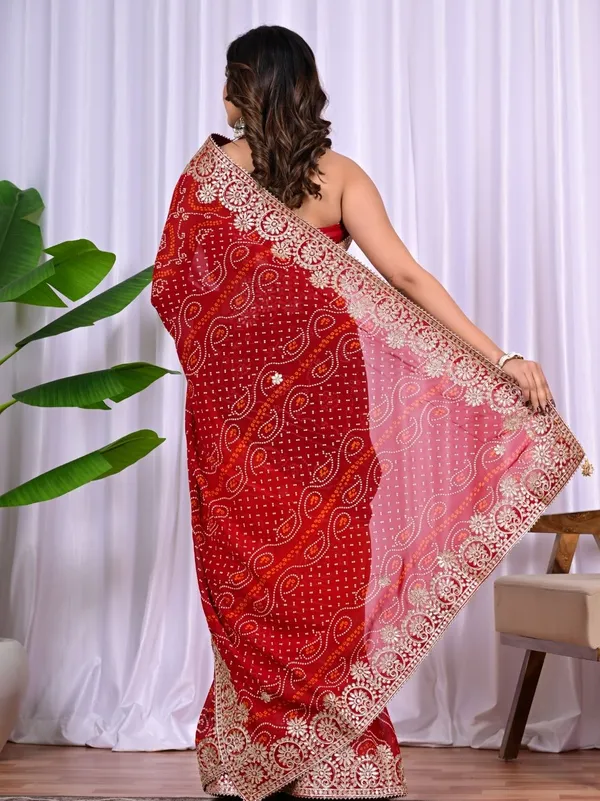 Multi_Colour_Viscose_Bandhej_Saree_With_Gota_Patti_Work_Traditional_Festive_Wedding_Wear_Saree_Red