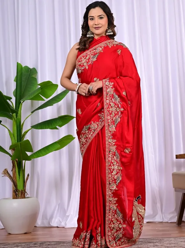 Red_Satin_Saree_With_Peacock_Motif_Zari_Thread_Sequins_Work_For_Wedding_Wear_Red