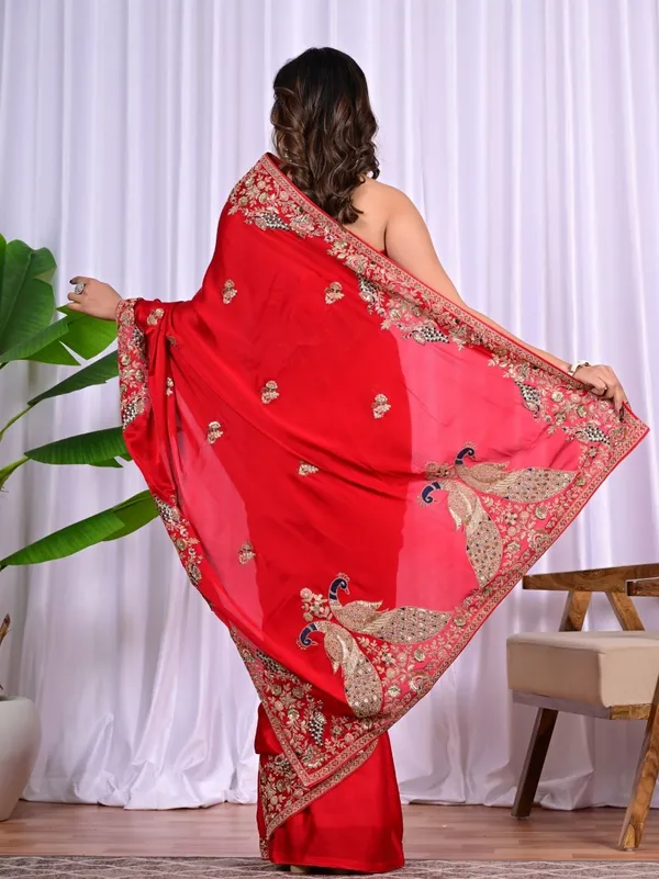 Red_Satin_Saree_With_Peacock_Motif_Zari_Thread_Sequins_Work_For_Wedding_Wear_Red
