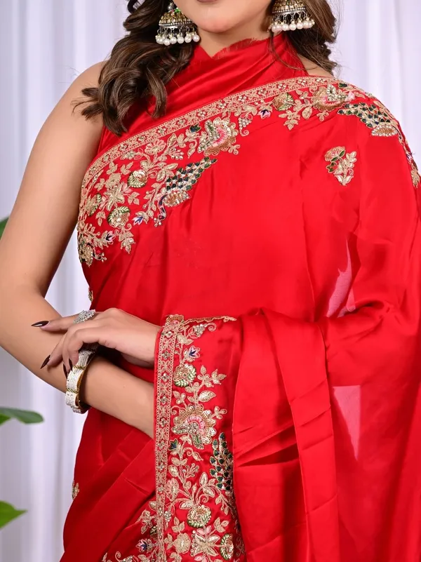 Red_Satin_Saree_With_Peacock_Motif_Zari_Thread_Sequins_Work_For_Wedding_Wear_Red