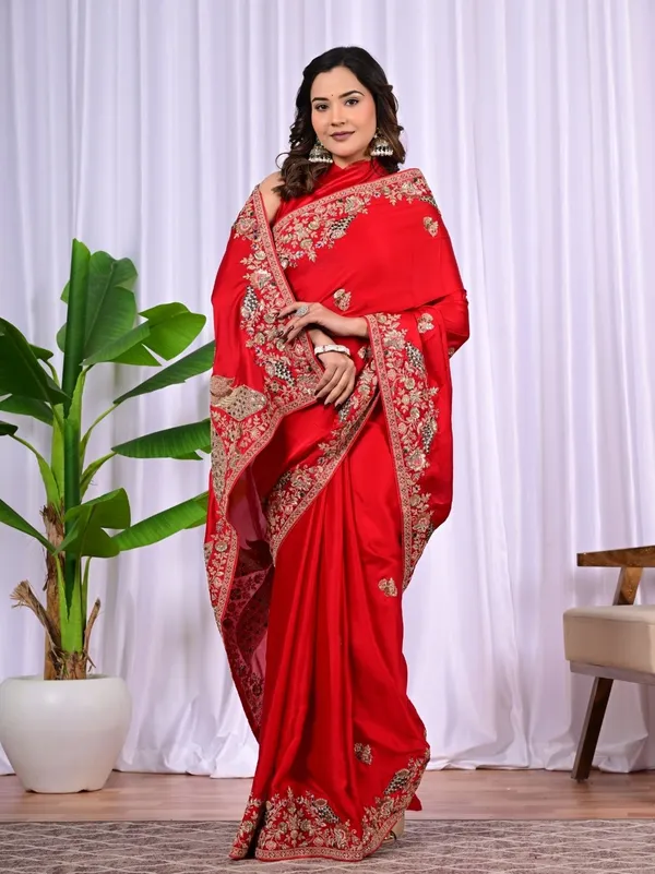 Red_Satin_Saree_With_Peacock_Motif_Zari_Thread_Sequins_Work_For_Wedding_Wear_Red