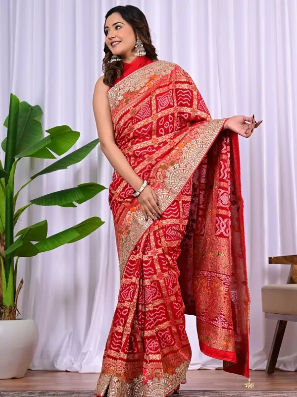 Red_Rani_Khadi_Georgette_Bridal_Saree_With_Hand_Zari_Meenakari_Work_Red