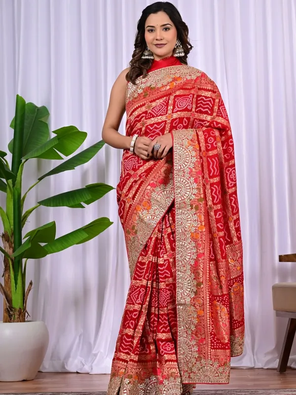 Red_Rani_Khadi_Georgette_Bridal_Saree_With_Hand_Zari_Meenakari_Work_Red