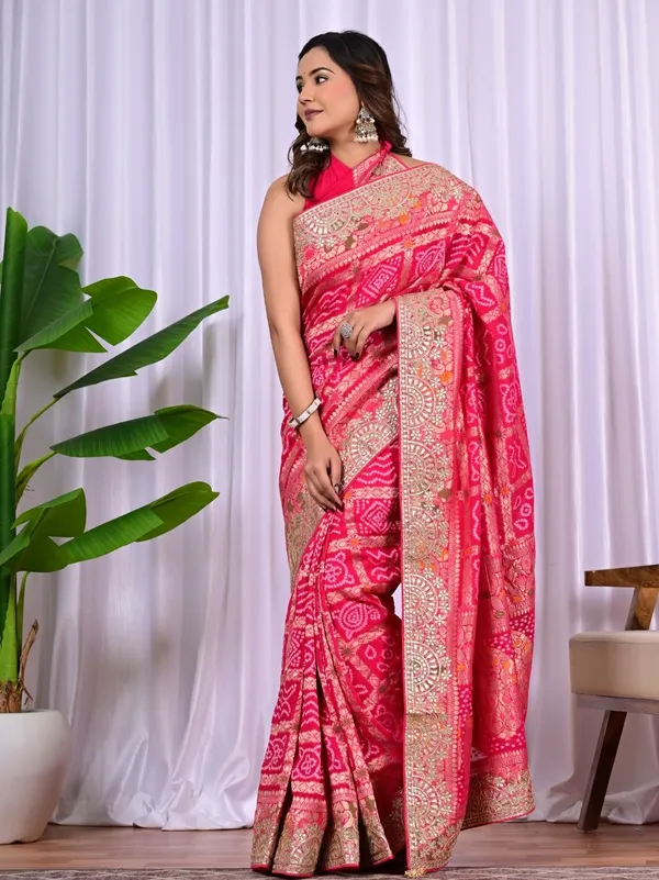 Red_Rani_Khadi_Georgette_Bridal_Saree_With_Hand_Zari_Meenakari_Work_Pink