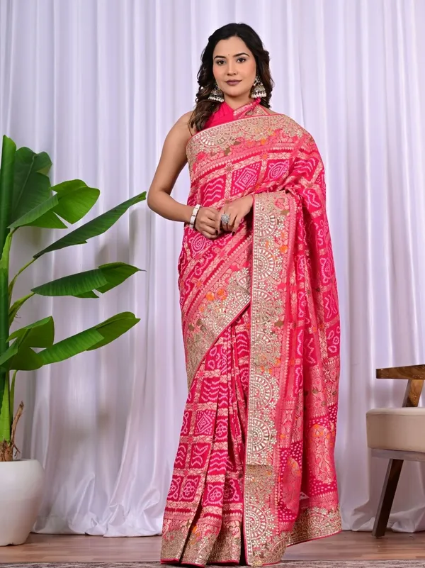 Red_Rani_Khadi_Georgette_Bridal_Saree_With_Hand_Zari_Meenakari_Work_Pink