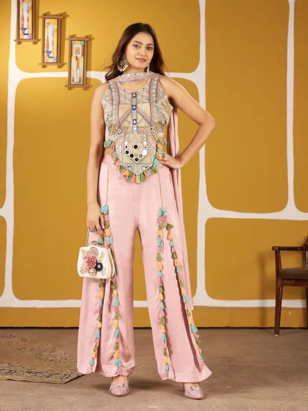 Pink_Dola_Silk_Plazo_Set_With_Heavy_Mirror_Work_Top_Festive_Indo_Western_Outfit_Pink