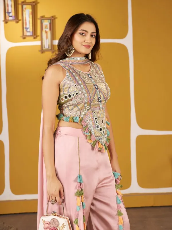 Pink_Dola_Silk_Plazo_Set_With_Heavy_Mirror_Work_Top_Festive_Indo_Western_Outfit_Pink