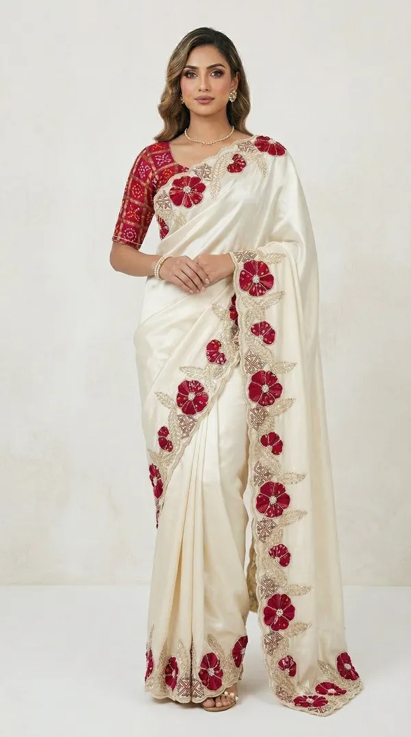 Ivory_Cosmo_Tissue_Saree_With_Green_Floral_Gajji_Patch_Work_Border_Designer_Wedding_Festive_Wear_Saree_With_Blouse_Red
