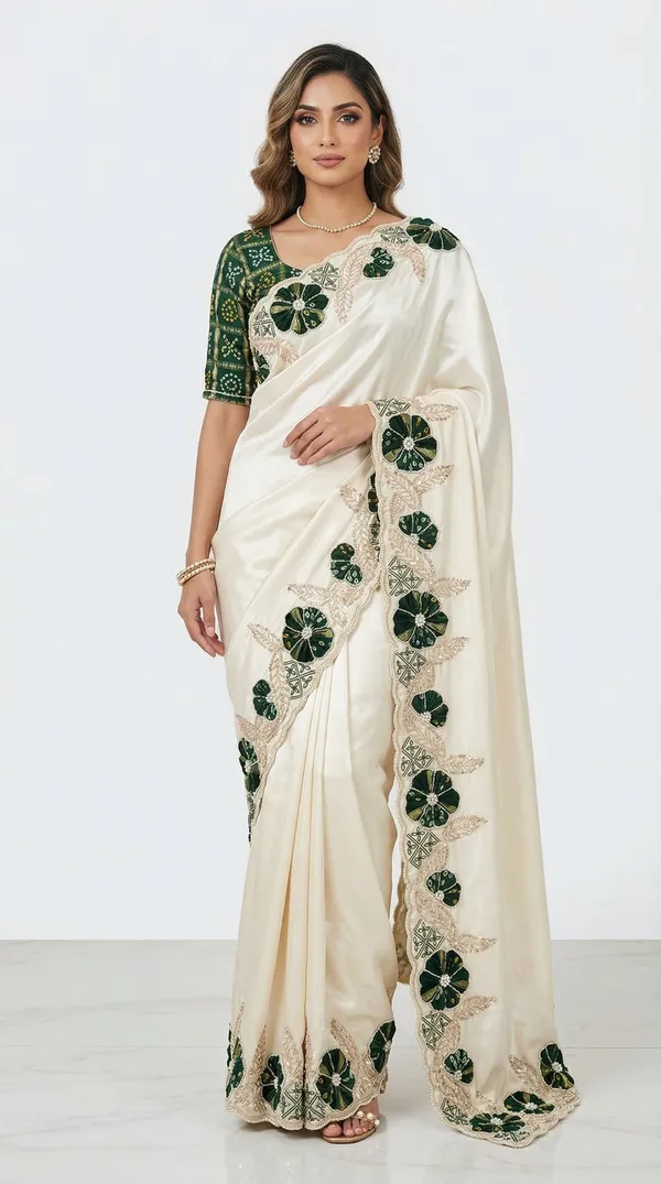 Ivory_Cosmo_Tissue_Saree_With_Green_Floral_Gajji_Patch_Work_Border_Designer_Wedding_Festive_Wear_Saree_With_Blouse_Green
