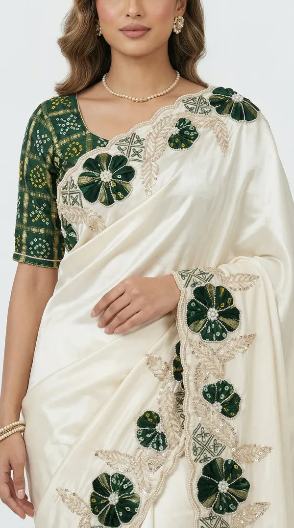 Ivory_Cosmo_Tissue_Saree_With_Green_Floral_Gajji_Patch_Work_Border_Designer_Wedding_Festive_Wear_Saree_With_Blouse_Green