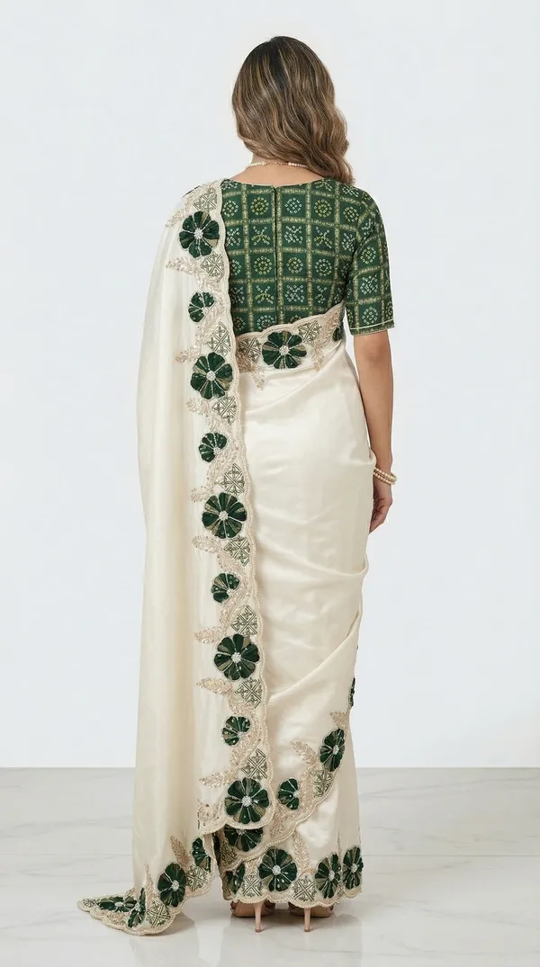 Ivory_Cosmo_Tissue_Saree_With_Green_Floral_Gajji_Patch_Work_Border_Designer_Wedding_Festive_Wear_Saree_With_Blouse_Green