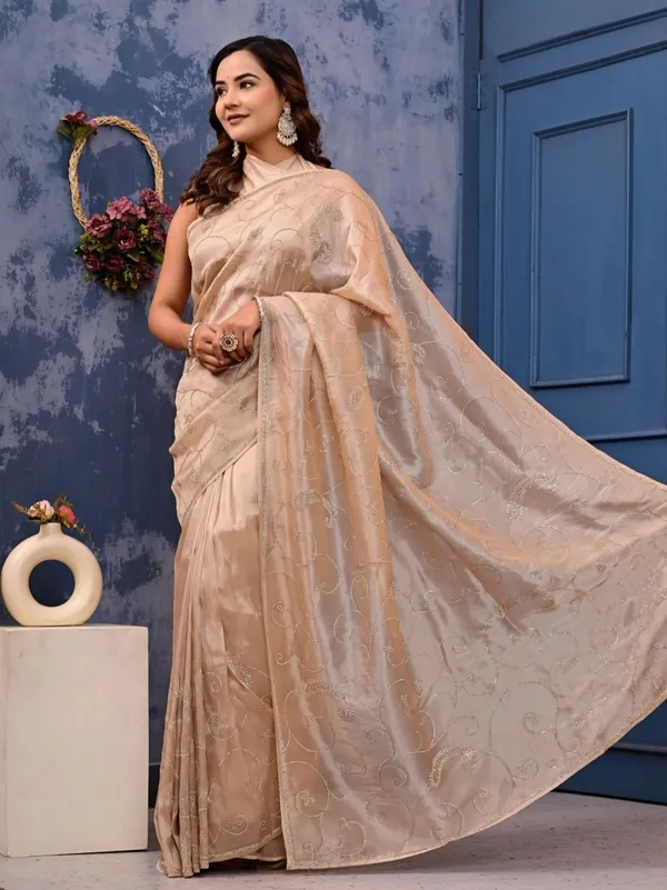 Gold_Cocktail_Saree_With_All_Over_Siroski_Work_Designer_Reception_Engagement_Party_Wear_Saree_Minimal_Work