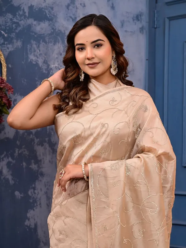 Gold_Cocktail_Saree_With_All_Over_Siroski_Work_Designer_Reception_Engagement_Party_Wear_Saree_Minimal_Work