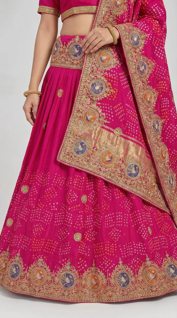 Rani_Pink_Bandhej_Lehenga_With_Peacock_Motif_Border_Gotta_Patti_Hand_Work_Dupatta_Bridal_Wedding_Wear_Lehenga_Set_Default_Title