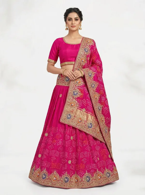 Rani_Pink_Bandhej_Lehenga_With_Peacock_Motif_Border_Gotta_Patti_Hand_Work_Dupatta_Bridal_Wedding_Wear_Lehenga_Set_Default_Title