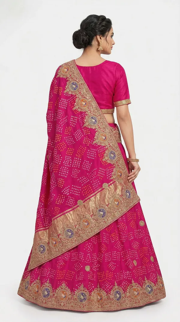 Rani_Pink_Bandhej_Lehenga_With_Peacock_Motif_Border_Gotta_Patti_Hand_Work_Dupatta_Bridal_Wedding_Wear_Lehenga_Set_Default_Title