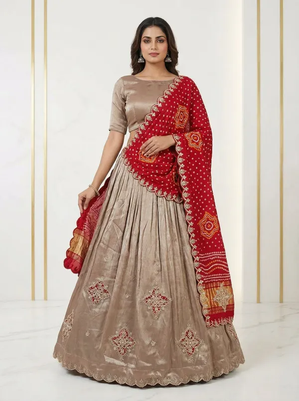 Beige_Tissue_Silk_Lehenga_With_Zardozi_Gotta_Patti_Work_Red_Gaji_Bandhej_Dupatta_Elegant_Wedding_Festive_Wear_Default_Title